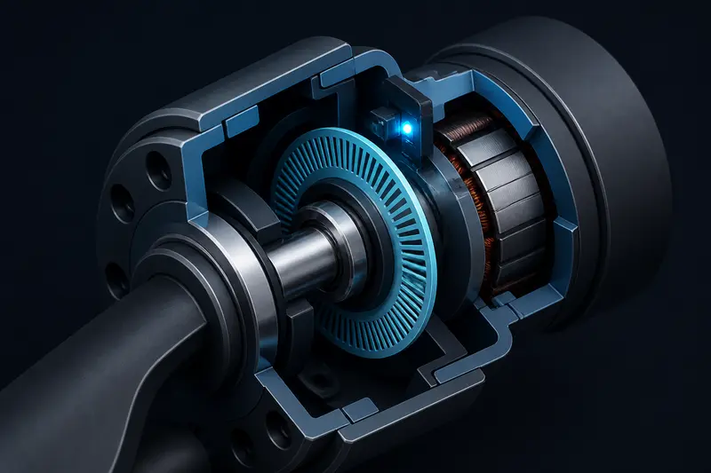Isometric technical illustration of a rotary encoder disk mounted on a robot joint motor shaft, dark background with blue and cyan lighting
