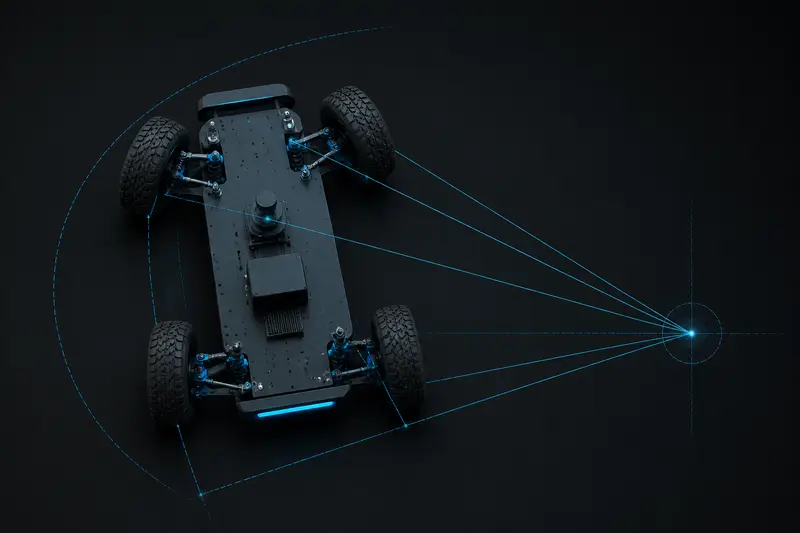 Isometric technical illustration of a four-wheeled robot chassis with front wheels turned at Ackermann steering angles toward a common turn center