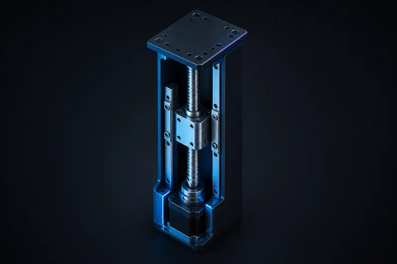 Isometric technical illustration of a robot linear actuator Z-axis lift mechanism with a screw shaft and nut carriage