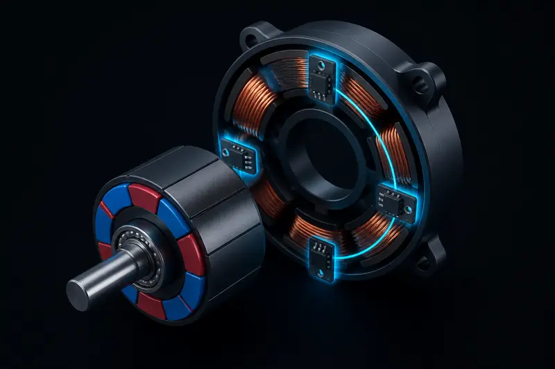 Isometric technical illustration of a brushless DC motor rotor with three hall-effect sensors around the stator windings