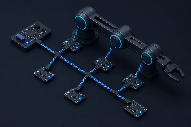 Isometric technical illustration of a CAN bus network connecting robot arm joint controllers, dark background with blue and cyan lighting