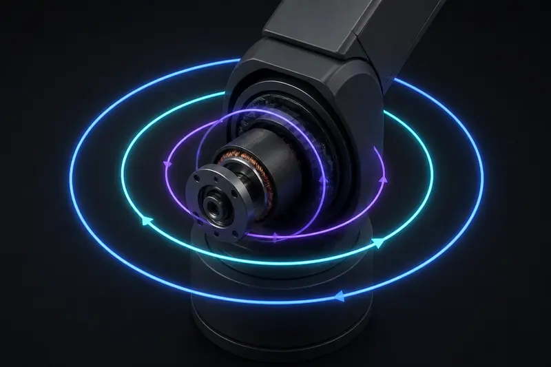 Isometric illustration of three nested control loops as concentric glowing rings around a robot joint motor