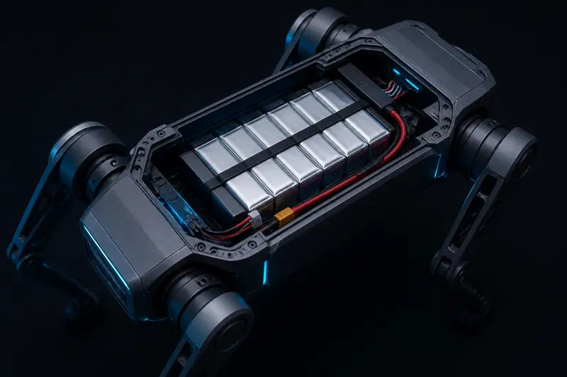 Minimalist isometric illustration of a LiPo battery pack mounted inside a quadruped robot torso