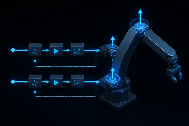 Isometric illustration of a two-link robotic arm rendered as a control-block diagram with glowing torque vectors at each joint