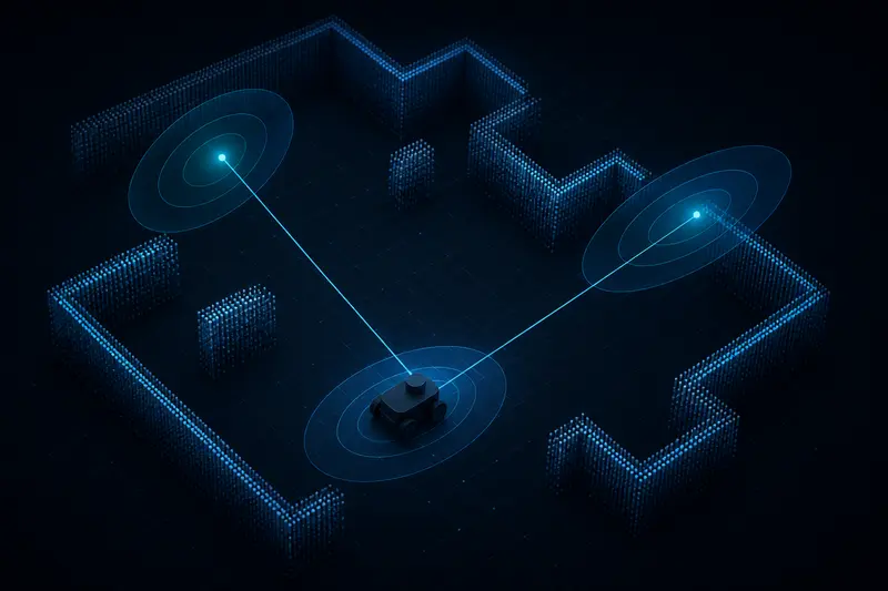 Isometric technical illustration of a mobile robot surrounded by uncertainty ellipses around two landmarks, representing EKF-SLAM