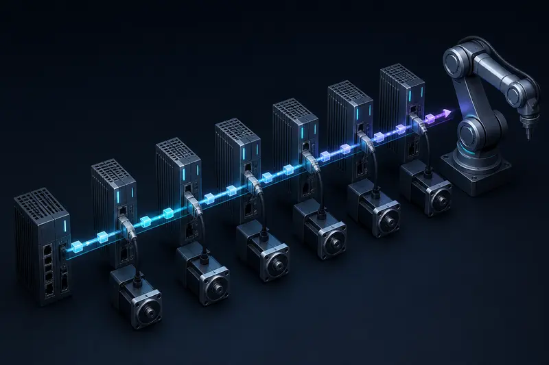 Isometric illustration of robot joint servo drives connected in an EtherCAT daisy chain with glowing data packets flowing through each node