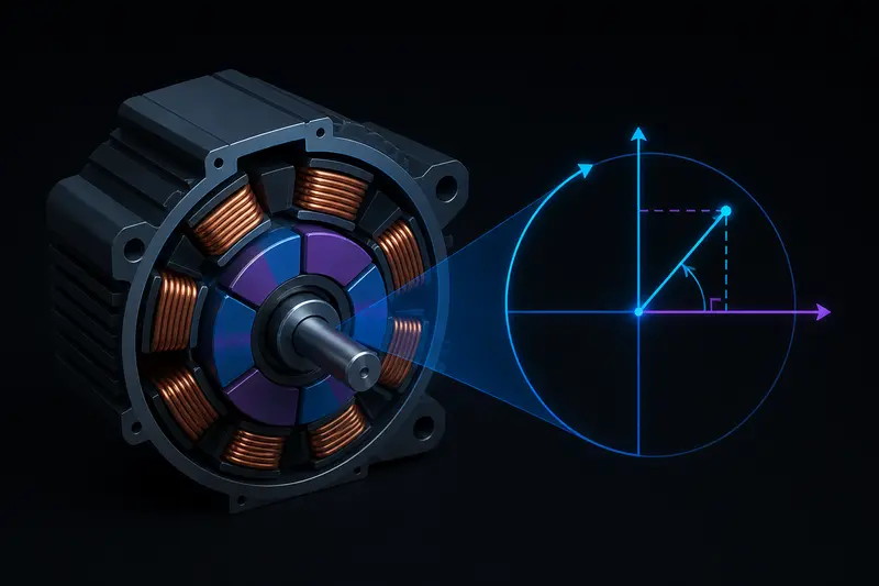 Isometric technical illustration of a BLDC motor cross-section with a rotating d-q reference frame vector overlay