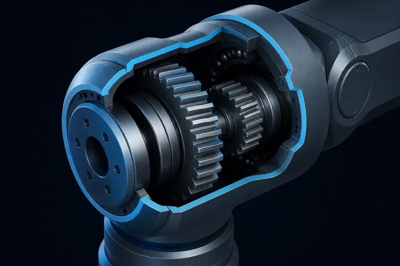 Isometric technical illustration of a robot arm gearbox joint cutaway showing meshing gear teeth with a small gap between them