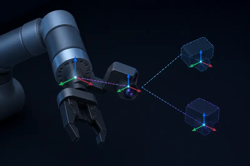 Isometric illustration of a robot arm gripper with a mounted camera and dashed lines showing the coordinate transform between two poses