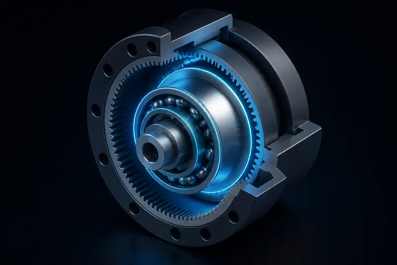 Isometric technical illustration of a harmonic drive gearbox cutaway with blue accent lighting