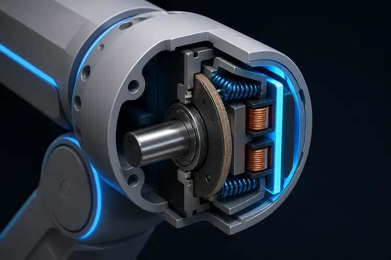 Isometric technical illustration of a spring-applied holding brake clamped onto a robot arm joint motor shaft