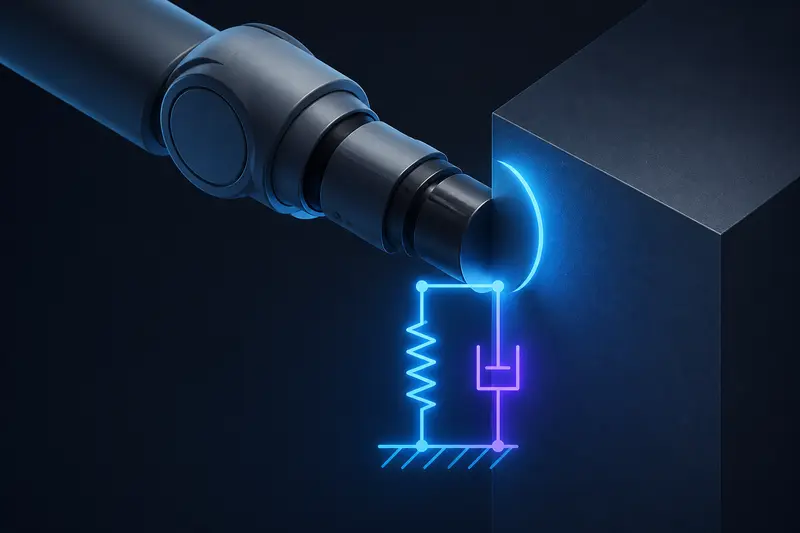Isometric illustration of a robot arm end-effector in contact with a surface, shown as a mass-spring-damper system