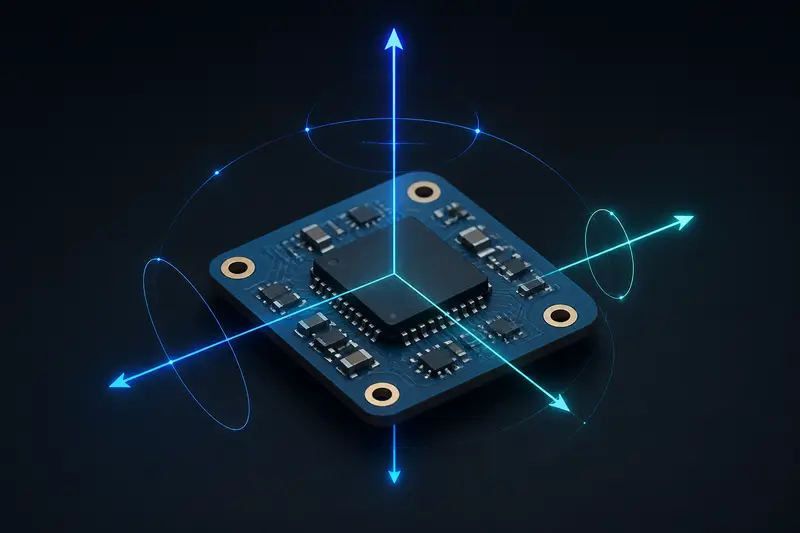 Isometric illustration of an IMU chip on a PCB with glowing axis arrows representing sensor fusion