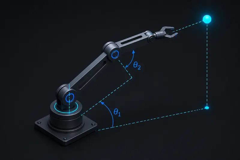 Isometric technical illustration of a robotic arm with joint angles highlighted, reaching toward a target point, dark blue and cyan lighting