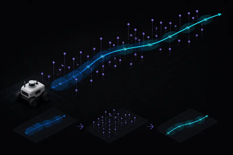 Isometric illustration of a robot's predicted motion path intersecting noisy sensor measurement points converging into a fused estimate, dark background with blue and cyan lighting