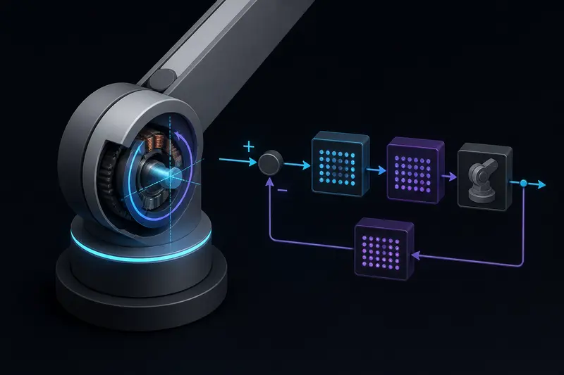 Minimalist isometric illustration of a robot arm joint with a feedback control-loop diagram overlaid in blue and purple light