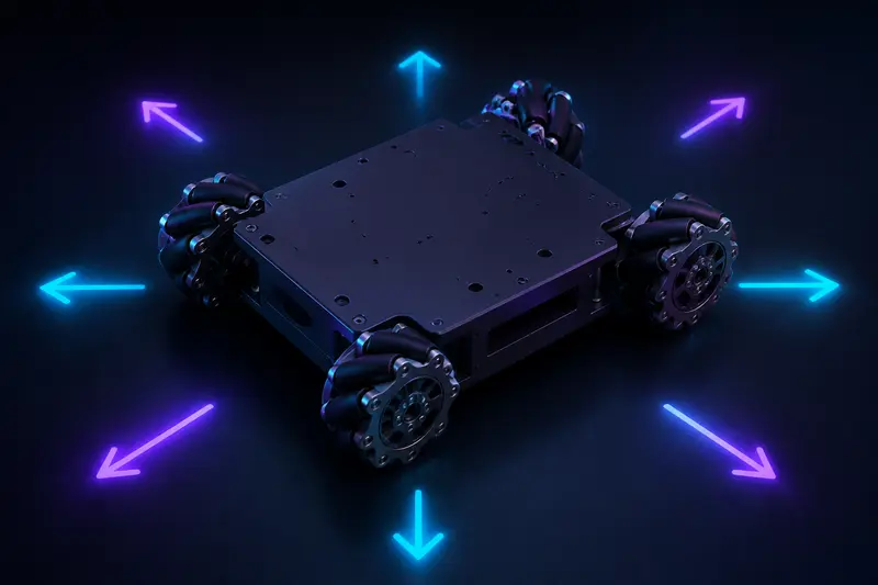 Isometric 3D render of a four wheeled omnidirectional robot chassis with mecanum wheels and angled rollers on a dark background with cyan accent lighting