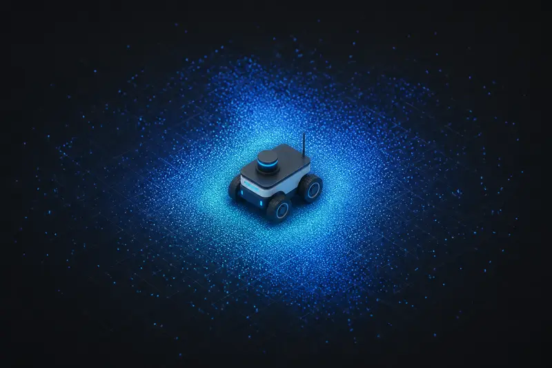 Isometric technical illustration of a mobile robot surrounded by a cloud of glowing particles representing a probability distribution over its position