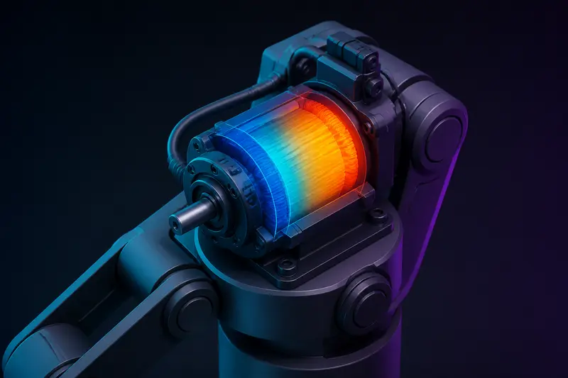 Isometric illustration of a robot joint motor with a glowing thermal heat-map gradient around the windings