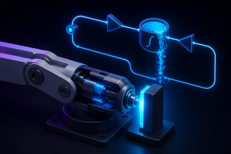 Isometric 3D illustration of a robotic arm joint pressed against a glowing limit stop with an overfilled integrator node in a feedback loop behind it