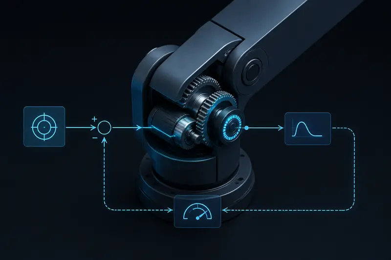 Isometric illustration of a robotic arm joint with a glowing control loop diagram, dark background with blue and cyan lighting