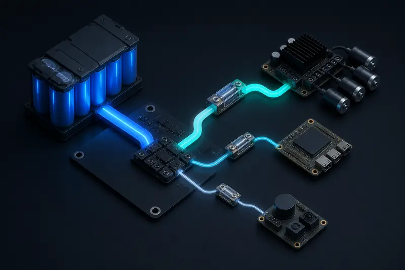 Minimalist isometric illustration of a mobile robot power distribution board with fused wiring branches to motors, compute, and sensors