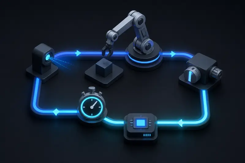 Isometric technical illustration of a glowing robot control loop diagram with a stopwatch symbol, dark background with blue and cyan lighting