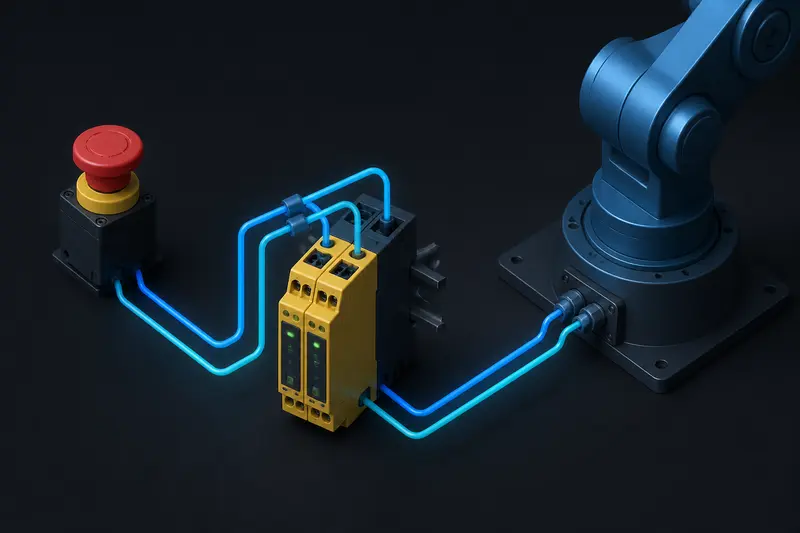 Isometric technical illustration of a dual-channel emergency stop circuit wired into a robot arm base with a redundant safety relay