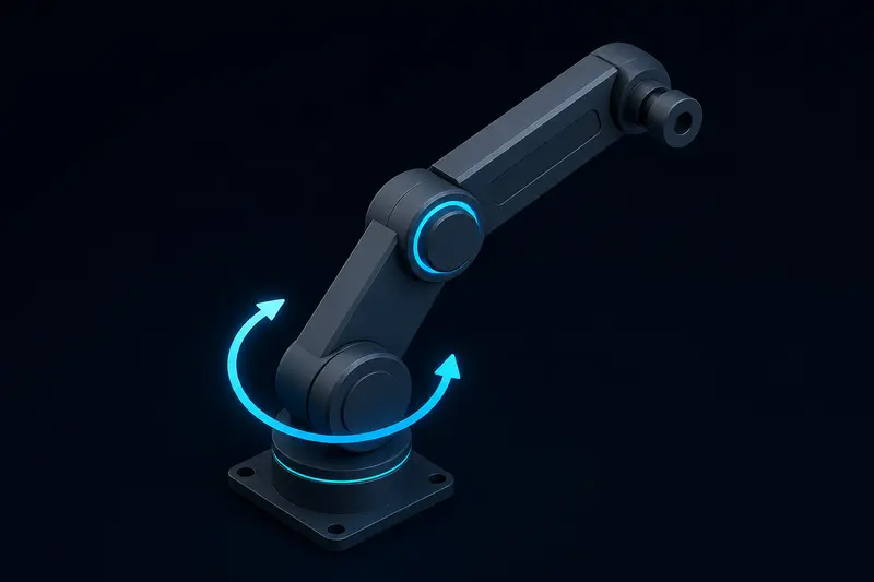 Isometric illustration of a two-link robotic arm joint with a glowing torque vector representing gravity compensation