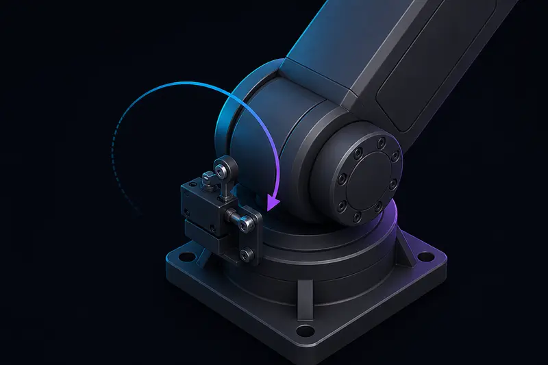 Isometric technical illustration of a robot arm joint with a limit switch mounted near the joint housing