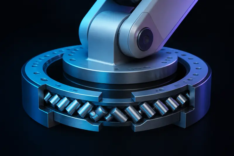 Cutaway technical render of a crossed roller bearing at a robot arm base joint showing alternating cylindrical rollers