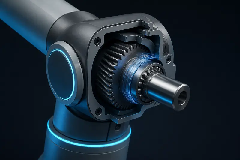 Isometric technical illustration of a robot arm joint gear and shaft interface with a dark blue and cyan lit background