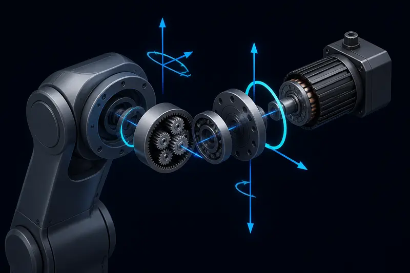 Isometric technical illustration of a robot arm shoulder joint with a motor and gearbox assembly and torque vectors