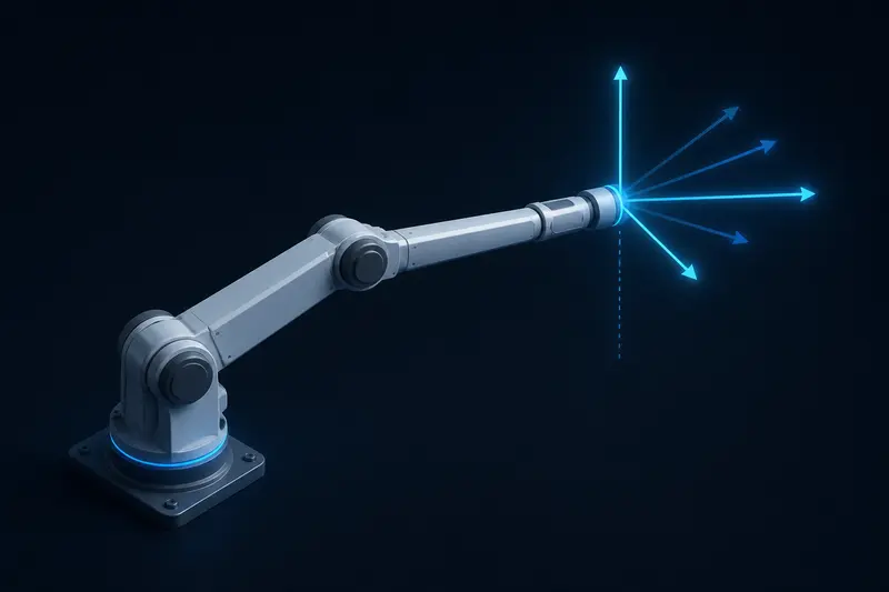 Isometric illustration of a robotic arm in an outstretched pose with a glowing velocity-vector overlay at the wrist, representing a kinematic singularity
