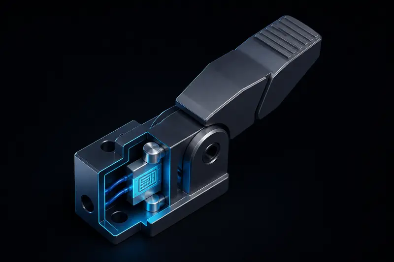 Isometric illustration of a robot gripper finger with an embedded strain gauge load cell, dark background with blue and cyan lighting