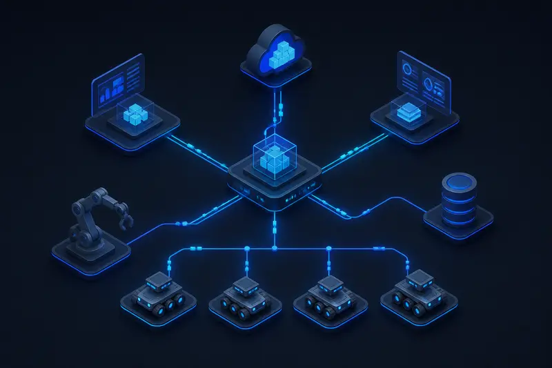 Isometric technical illustration of glowing nodes connected by data-flow lines representing a ROS2 communication graph