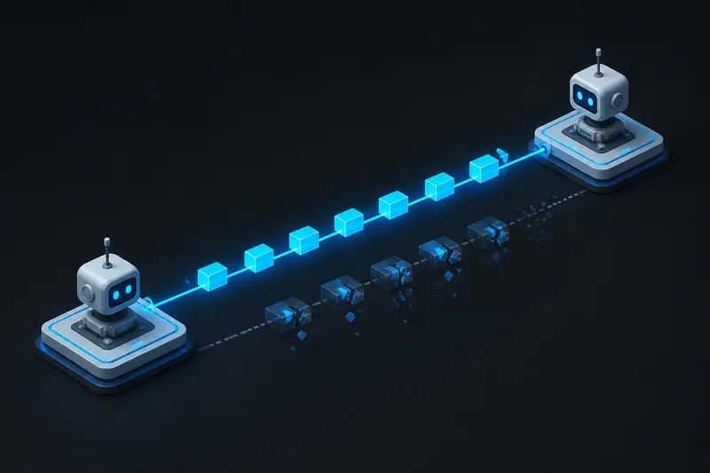 Isometric illustration of two robot nodes exchanging data packets, one stream connected and one stream shown as dropped fragments