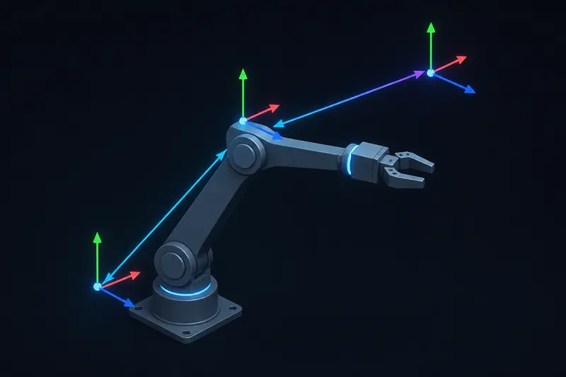 Isometric diagram of a robot arm with coordinate frame triads at the base, elbow, and end effector connected by translation arrows