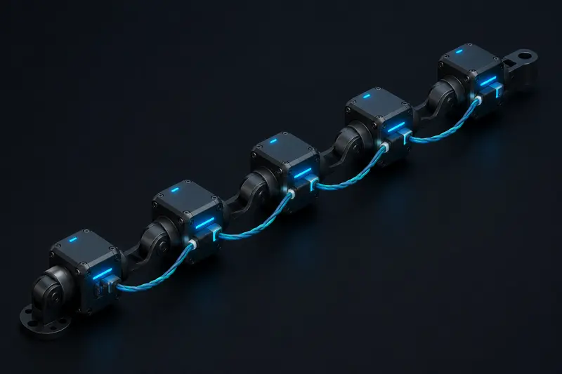 Isometric illustration of robot joint controller modules connected in a daisy chain by a twisted-pair data cable