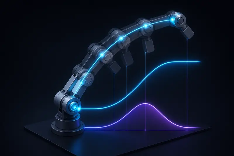 Technical render of a robot joint following a smooth motion path with glowing S-shaped velocity and bell-shaped acceleration curves