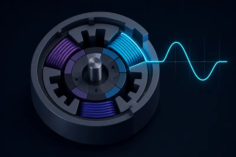 Isometric technical illustration of a BLDC motor cross-section with a floating phase winding highlighted showing a back-EMF waveform