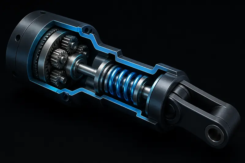 Isometric illustration of a robot joint actuator with a torsional spring element in series between the gearbox and the output arm