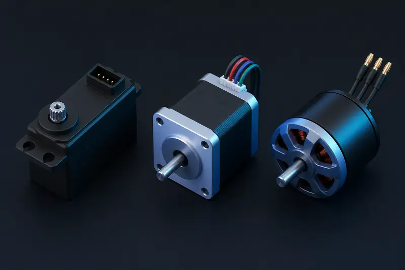 Isometric technical illustration comparing a servo motor, a stepper motor, and a BLDC motor on a dark background