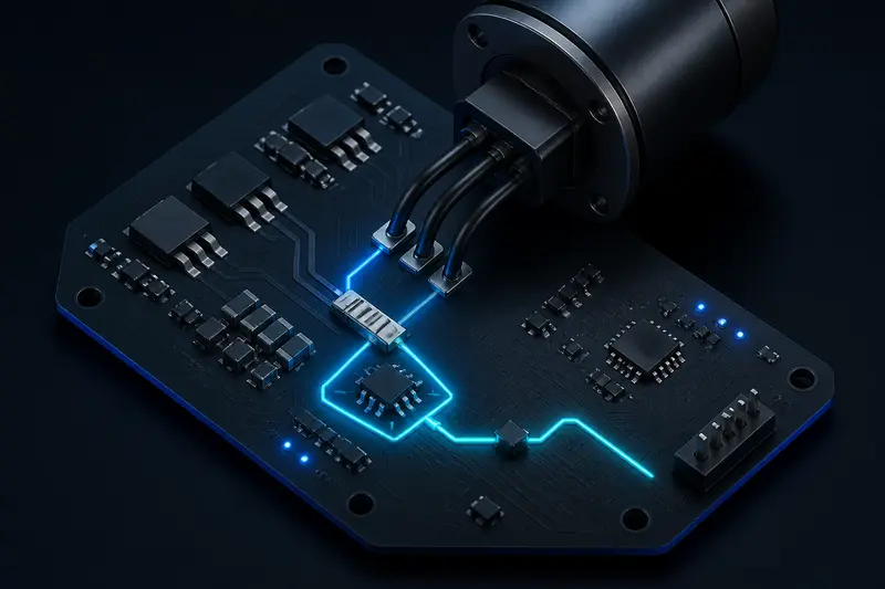 Isometric technical illustration of a motor driver PCB with a shunt resistor and current-sense amplifier near a robot joint connector, dark background with blue and cyan lighting