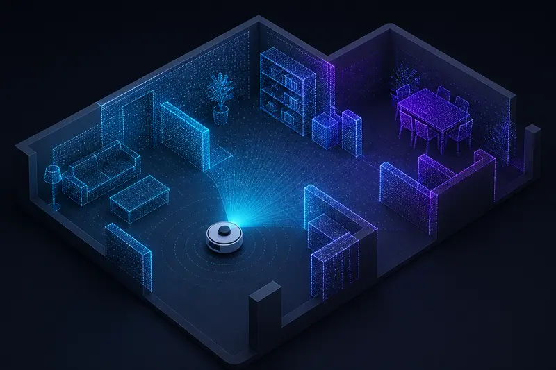 Isometric illustration of a mobile robot building a glowing point-cloud map of a room