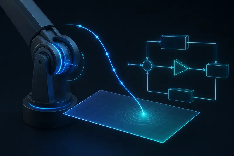 Isometric technical illustration of a robot arm joint with a glowing trajectory converging onto a sliding surface plane