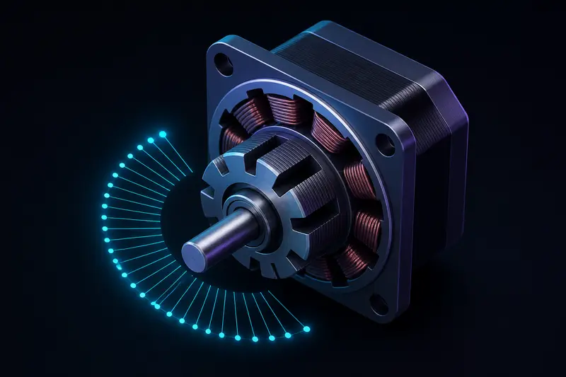 Isometric technical illustration of a stepper motor rotor with glowing microstep angle increments around the shaft