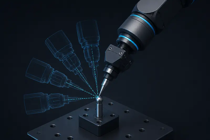Isometric illustration of a robot arm tool tip touching a fixed reference pin from several rotated orientations, showing pivot calibration
