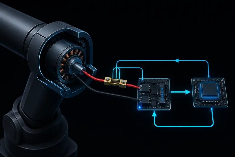 Isometric technical diagram of a robot arm joint with a current-sense shunt resistor feeding a control loop