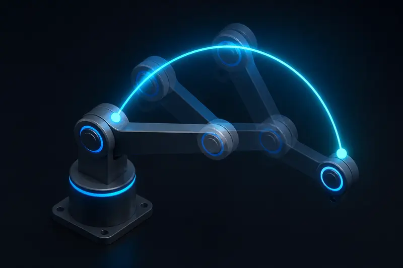 Isometric illustration of a robotic arm joint following a glowing curved motion trajectory